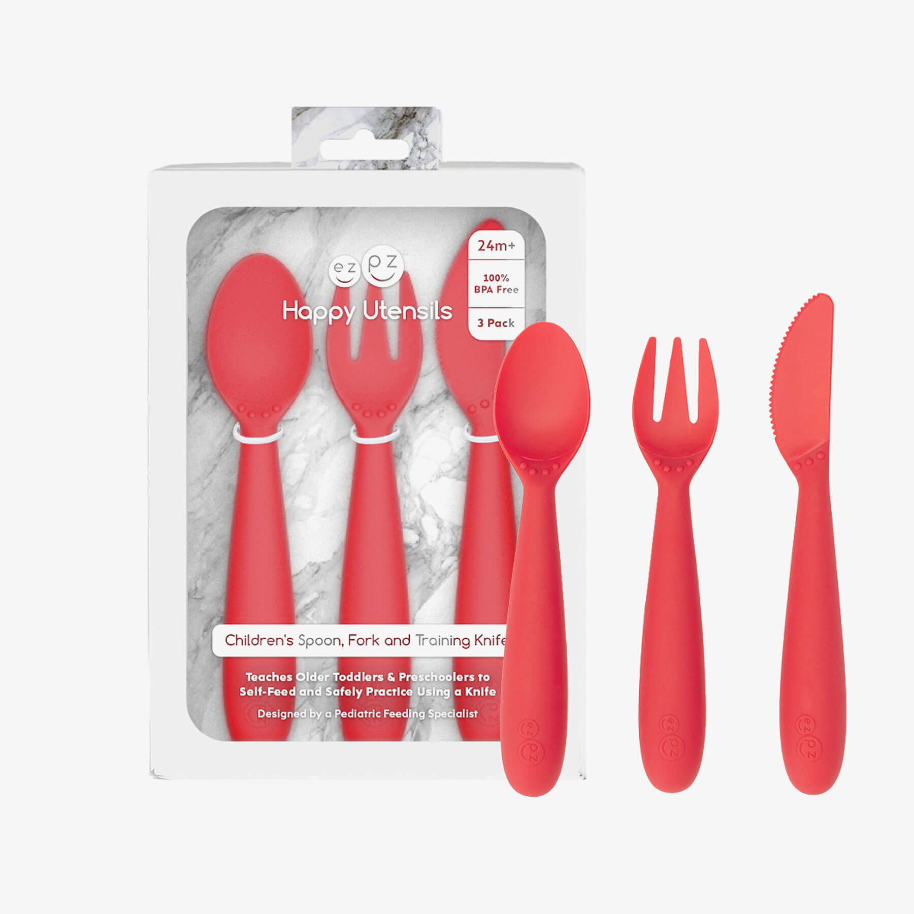 Happy Utensils in Coral by ezpz / Silicone Spoon, Fork and Knife Set for Kids