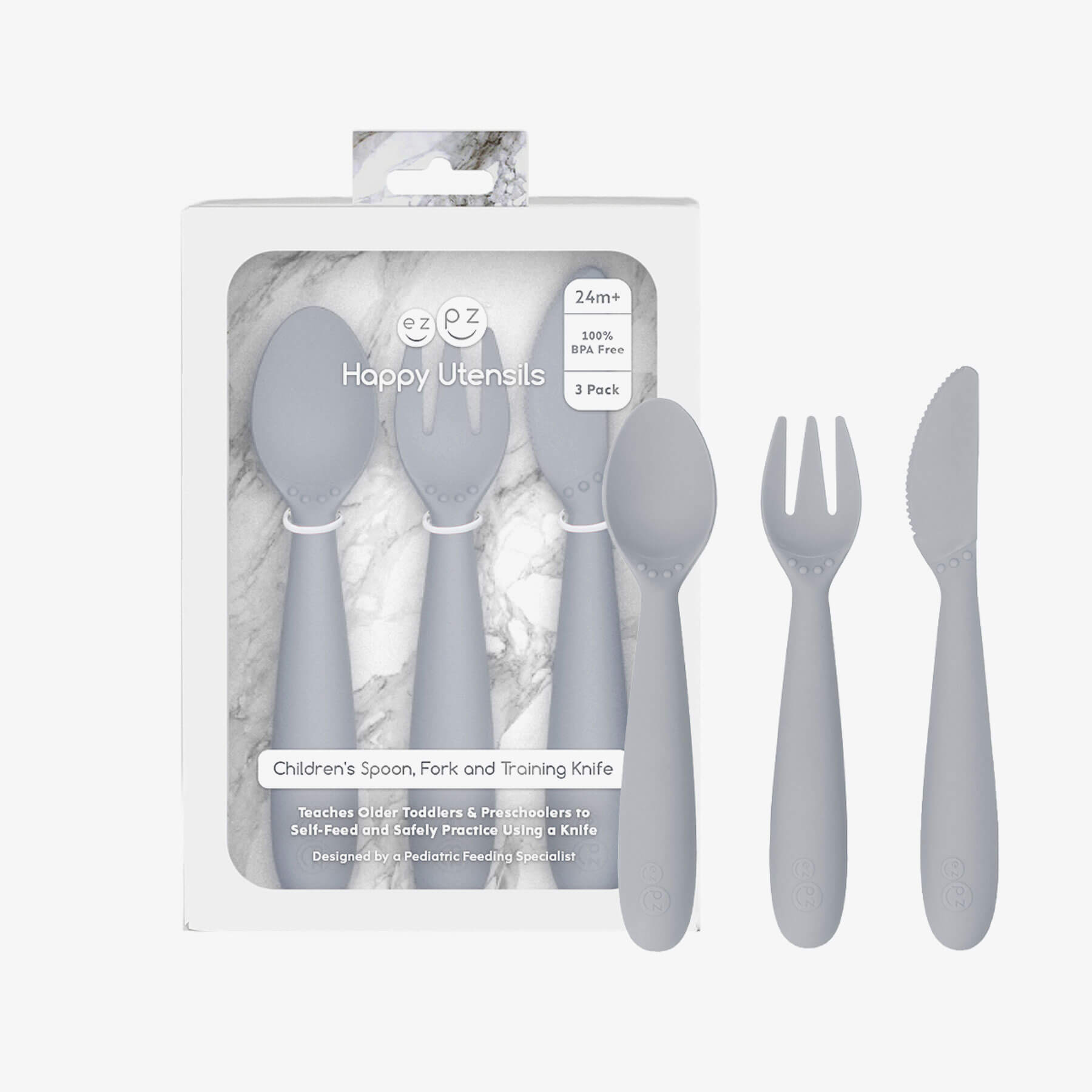 Happy Utensils in Pewter by ezpz / Silicone Spoon, Fork and Knife Set for Kids