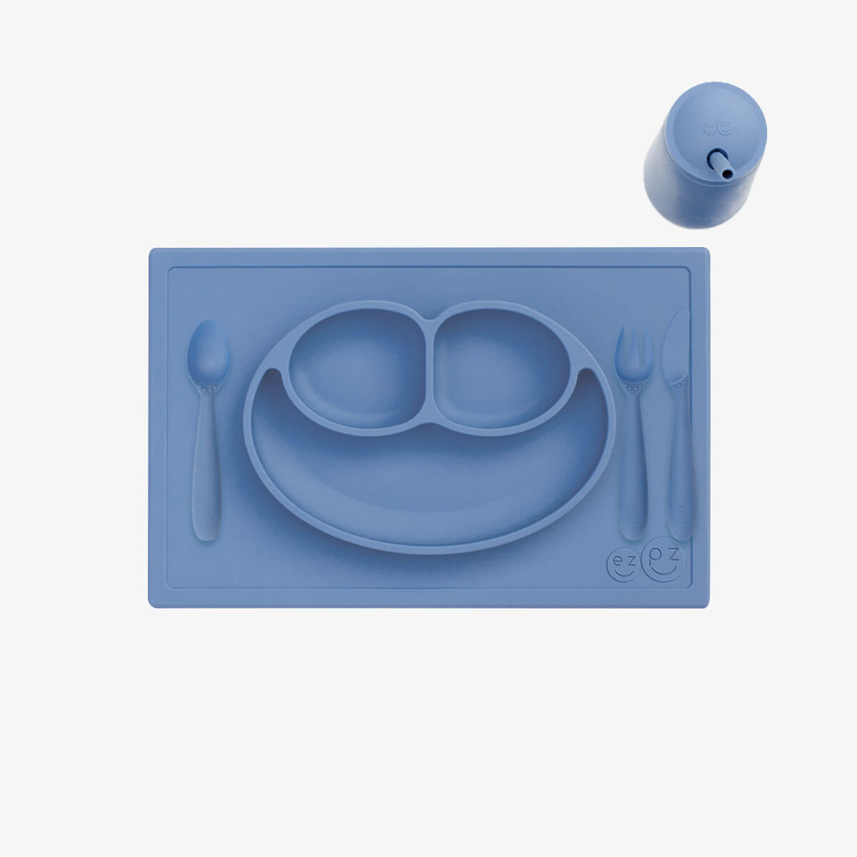ezpz Happy Feeding Set in Indigo / Silicone, Self-Suctioning Plate, Silicone Cup and Straw, Training Utensils for Toddlers