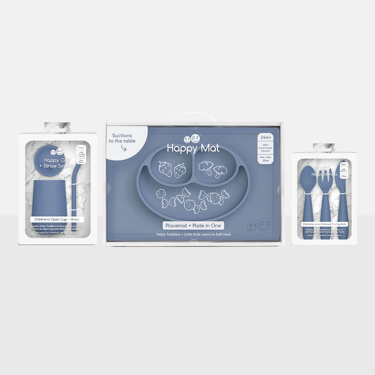 ezpz Happy Feeding Set in Indigo / Silicone, Self-Suctioning Plate, Silicone Cup and Straw, Training Utensils for Toddlers