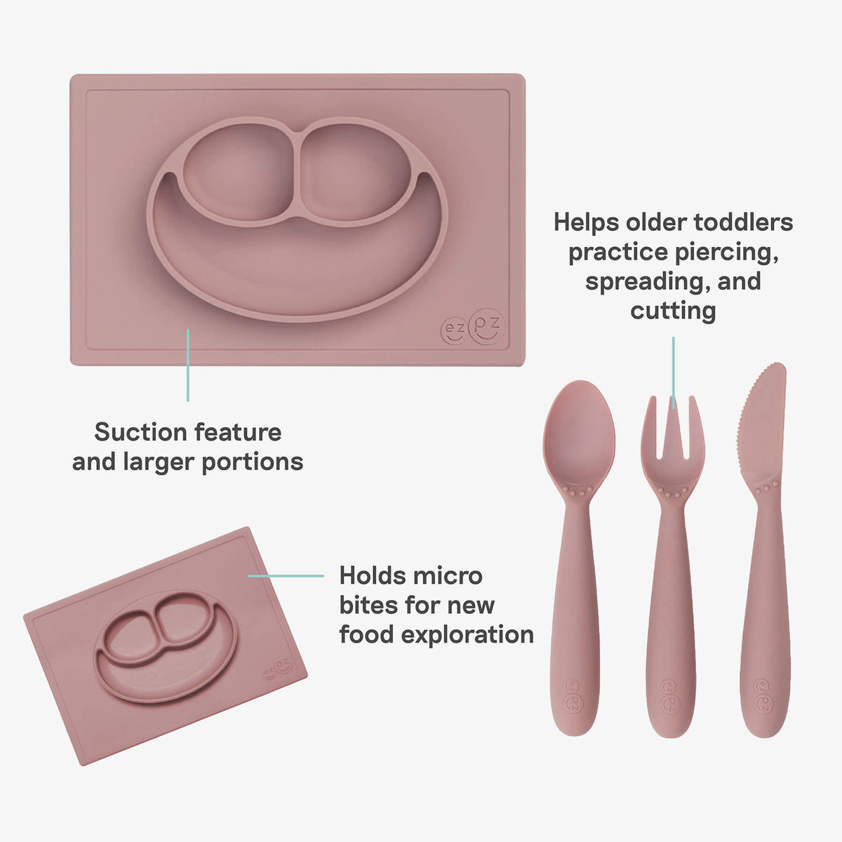 ezpz Kit 4 - Celebrate Mealtime Independence in Blush Pink includes the Happy Mat, Happy Utensils, and Micro Mat