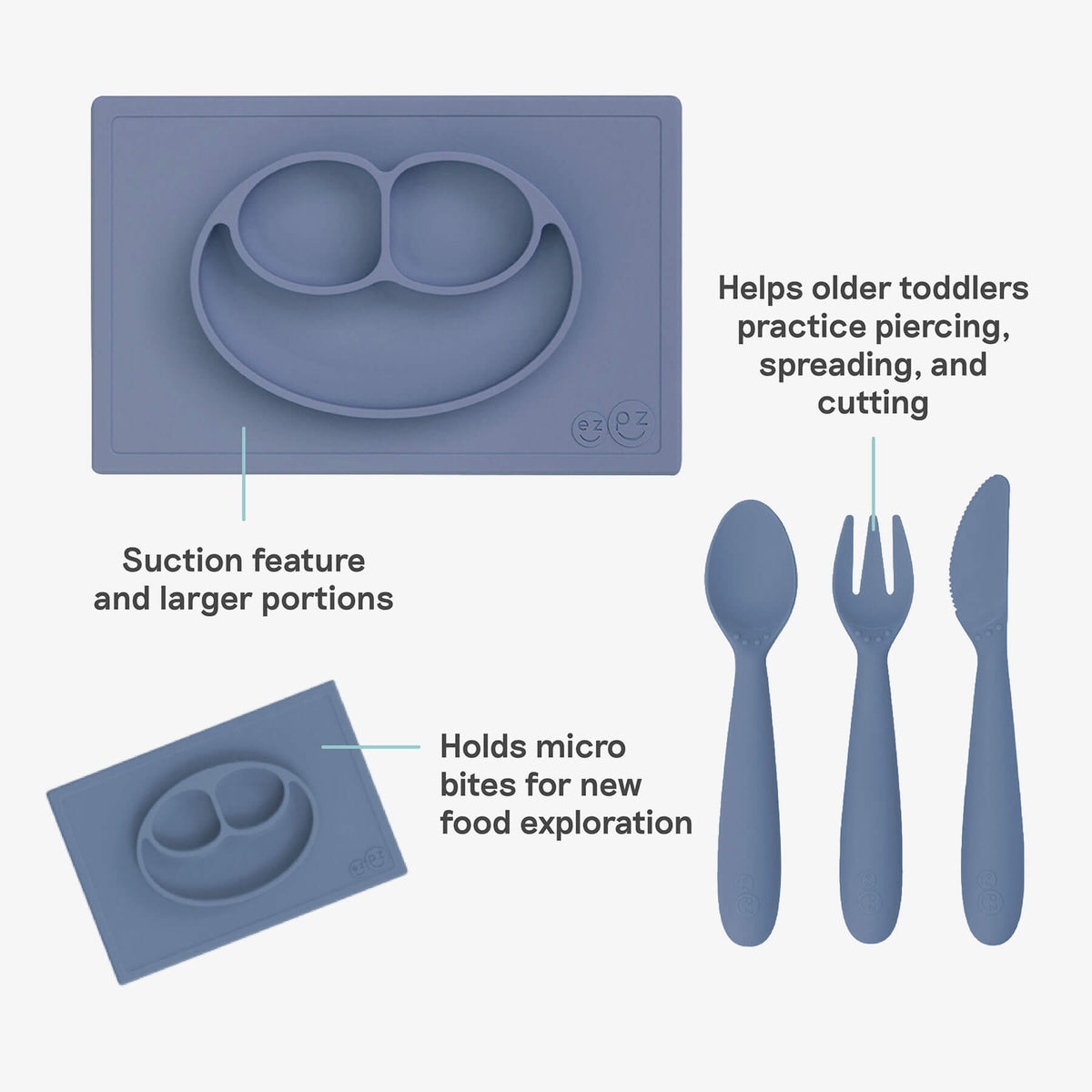 ezpz Kit 4 - Celebrate Mealtime Independence in Indigo Blue includes the Happy Mat, Happy Utensils, and Micro Mat