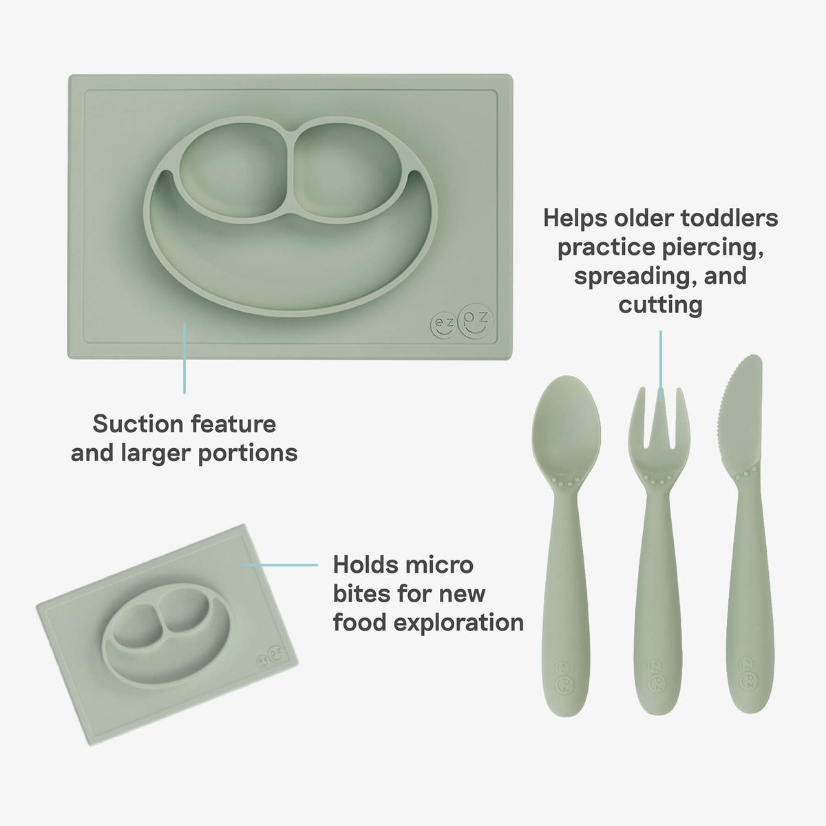 ezpz Kit 4 - Celebrate Mealtime Independence in Sage Green includes the Happy Mat, Happy Utensils, and Micro Mat