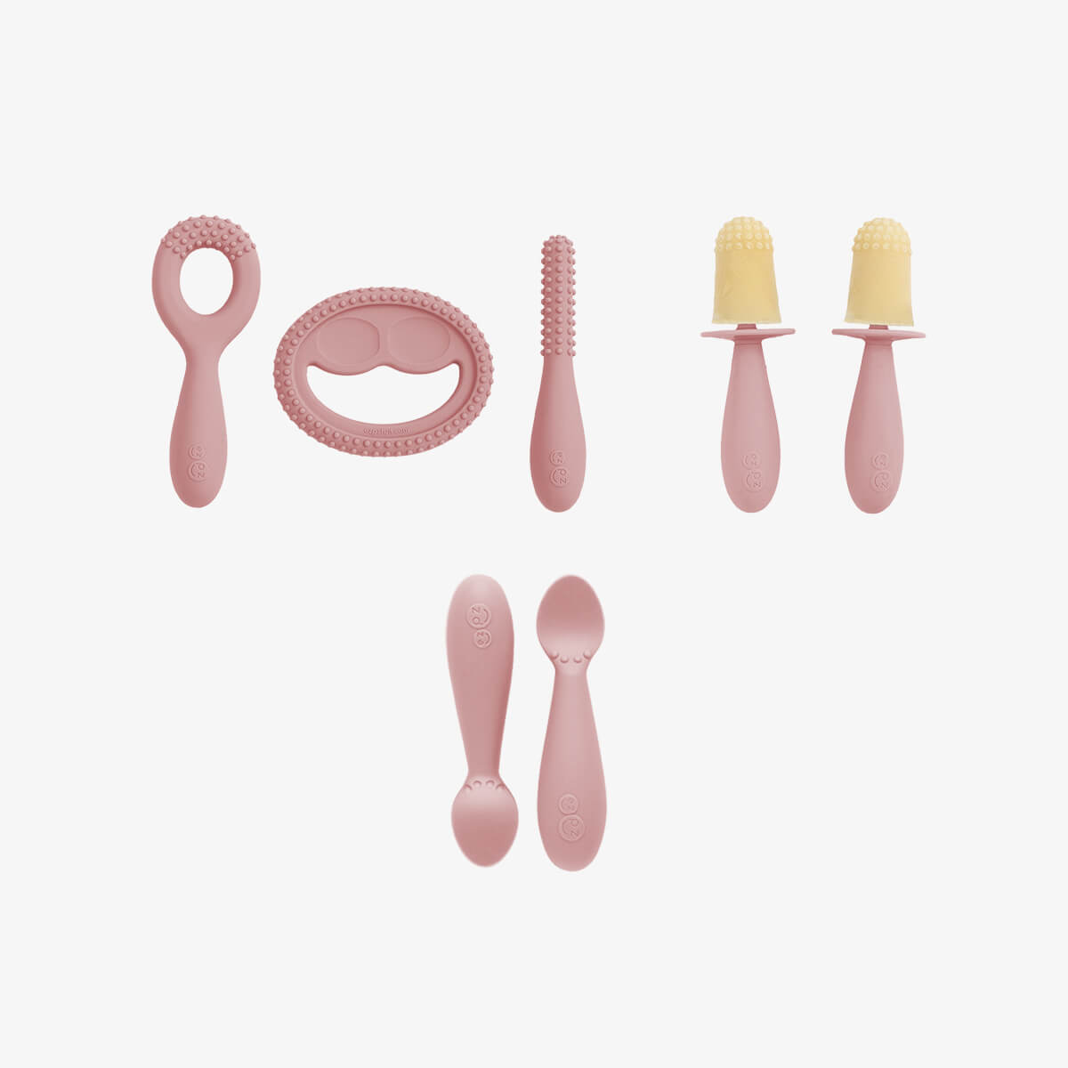Motor Planning System in Blush Pink by ezpz / The Motor Planning System includes the Oral Development Tools, Tiny Pops and Tiny Spoons