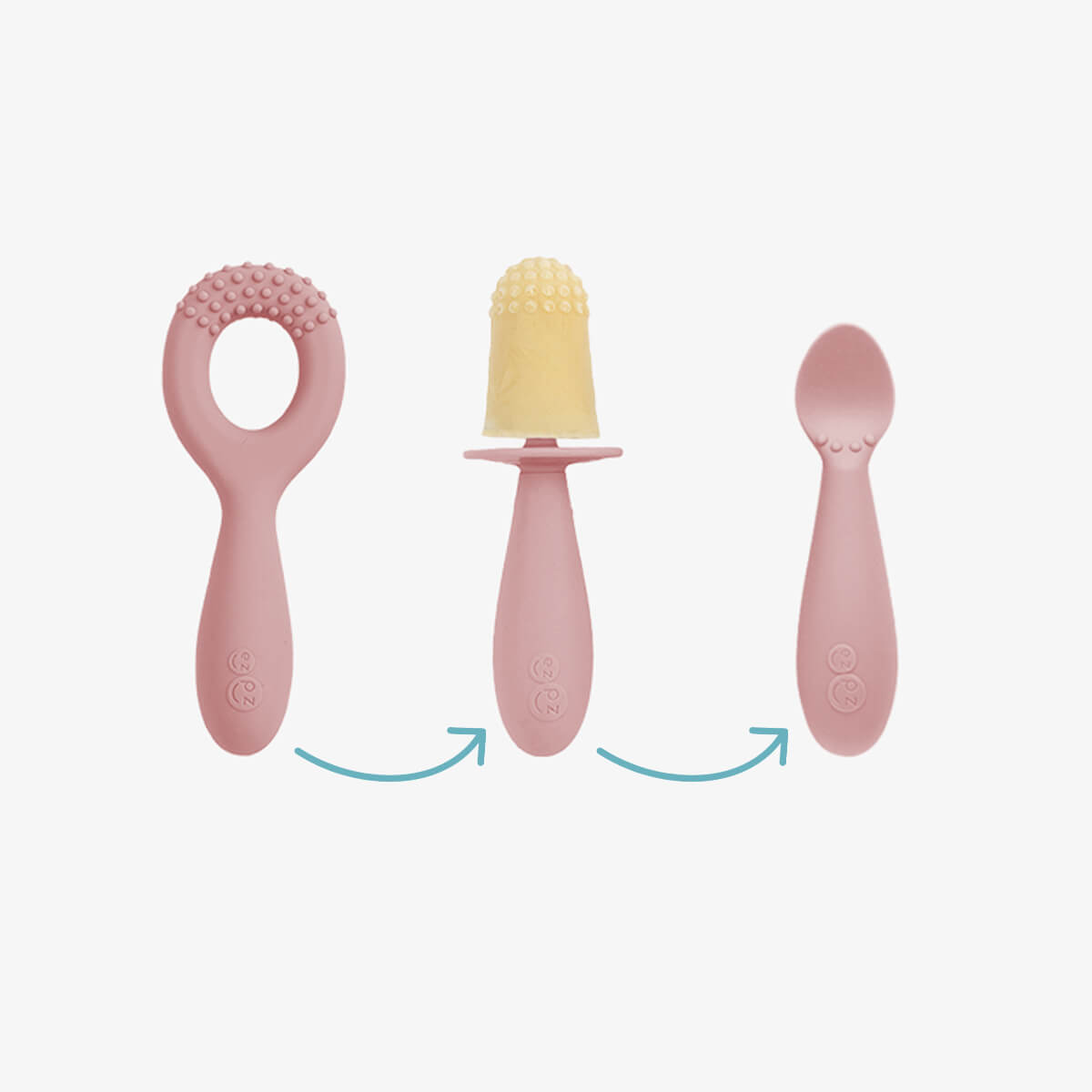 Motor Planning System in Blush Pink by ezpz / The Motor Planning System includes the Oral Development Tools, Tiny Pops and Tiny Spoons