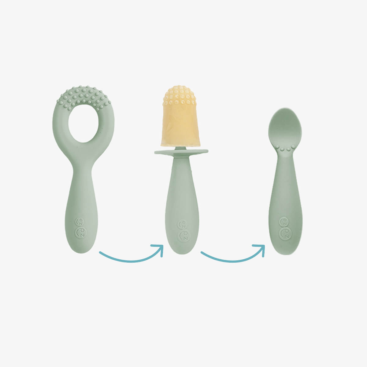 Motor Planning System in Sage Green by ezpz / The Motor Planning System includes the Oral Development Tools, Tiny Pops and Tiny Spoons