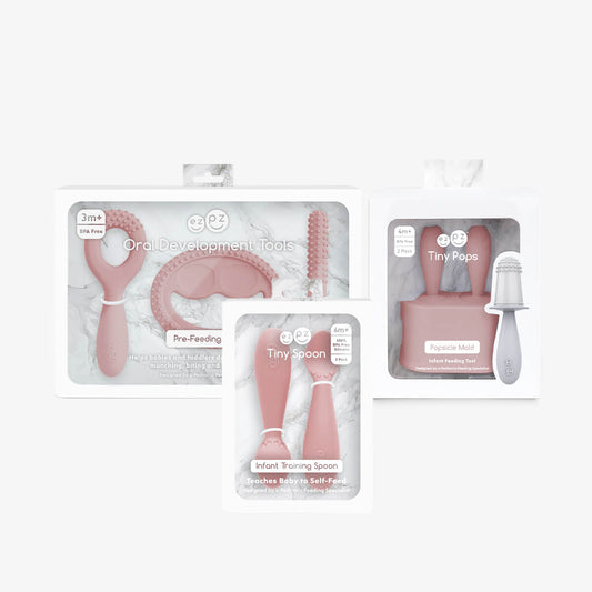 Motor Planning System in Blush Pink by ezpz / The Motor Planning System includes the Oral Development Tools, Tiny Pops and Tiny Spoons