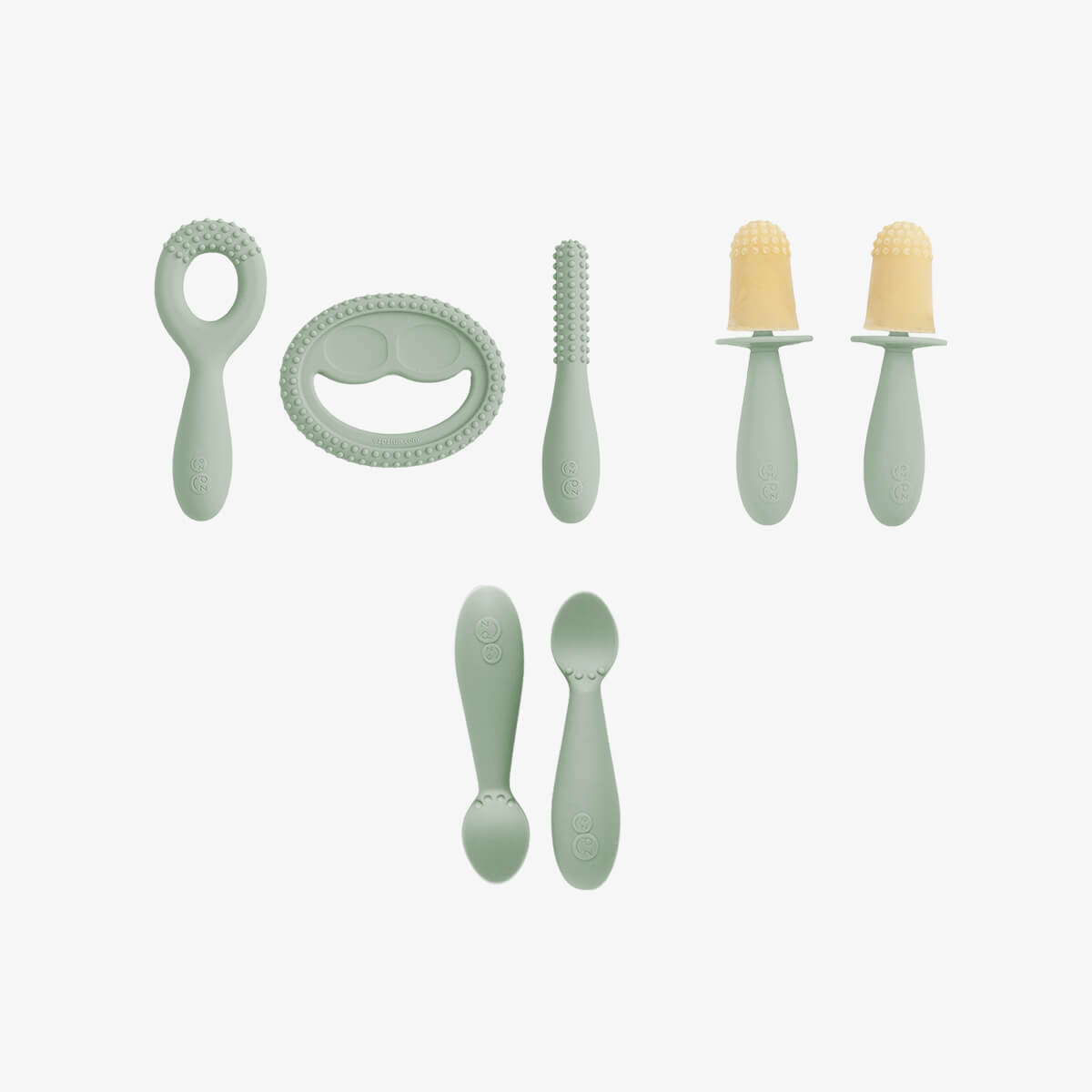 Motor Planning System in Sage Green by ezpz / The Motor Planning System includes the Oral Development Tools, Tiny Pops and Tiny Spoons