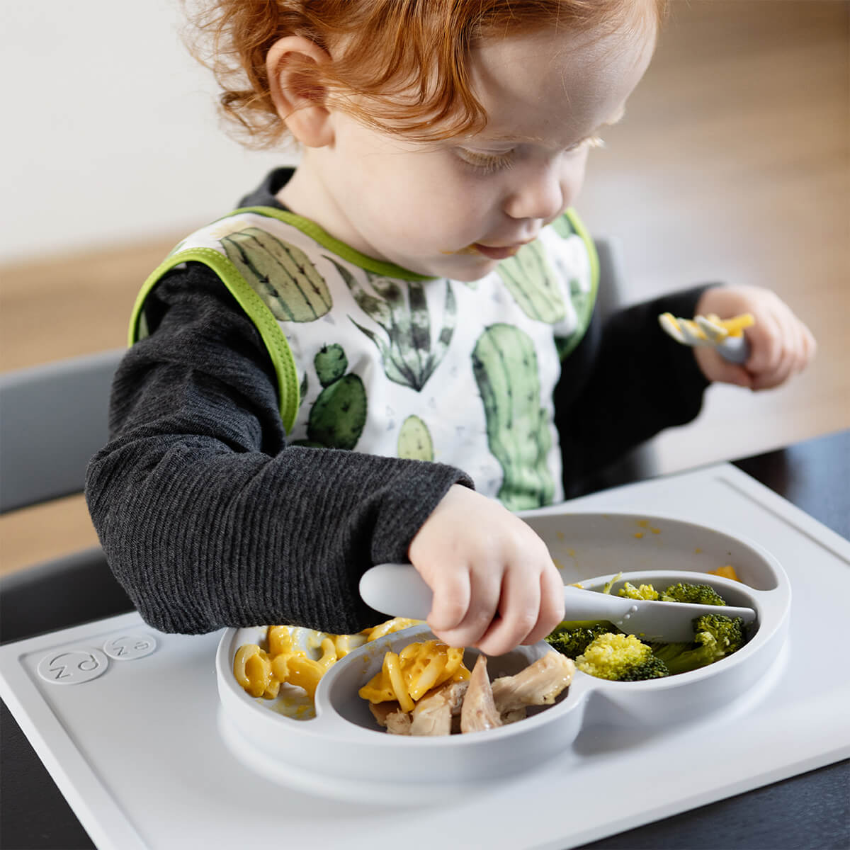 Happy Utensils in Pewter by ezpz / Silicone Spoon, Fork and Knife Set for Kids
