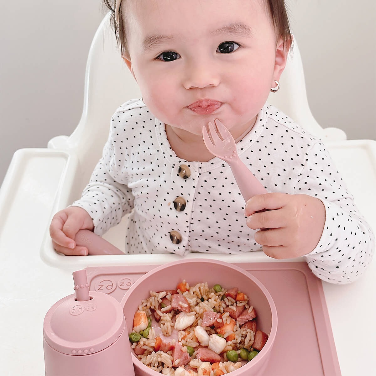 Mini Utensils in Blush Pink by ezpz / Sensory Silicone Fork & Spoon for Toddlers