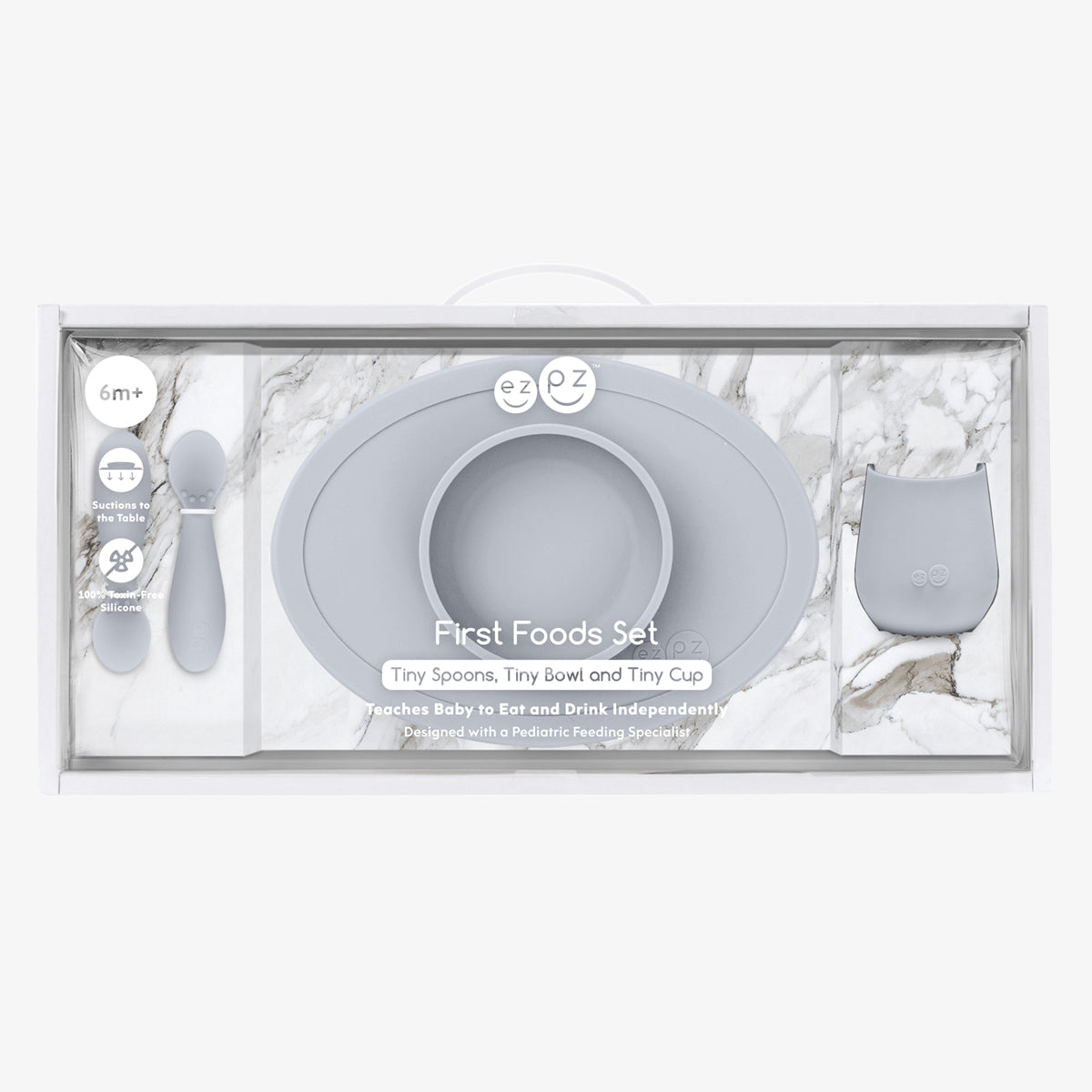 First Foods Set in Pewter by ezpz / The Original All-In-One Silicone Plates & Placemats that Stick to the Table#color_pewter