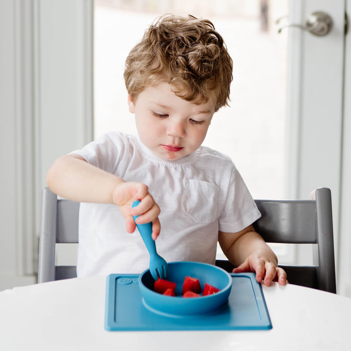 Mini Utensils in Blue by ezpz / Sensory Silicone Fork & Spoon for Toddlers