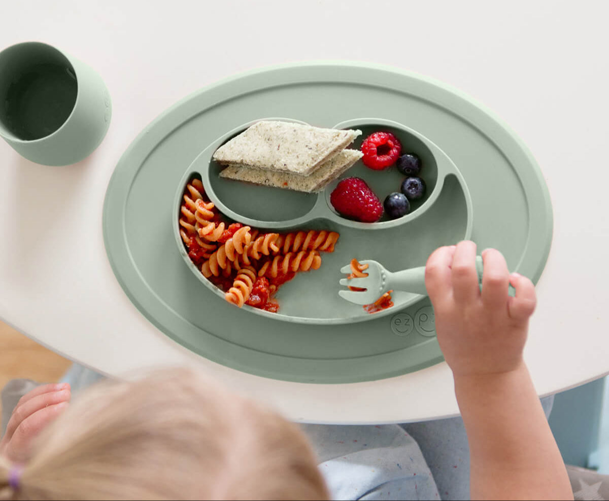 Mini Utensils in Sage by ezpz / Sensory Silicone Fork & Spoon for Toddlers