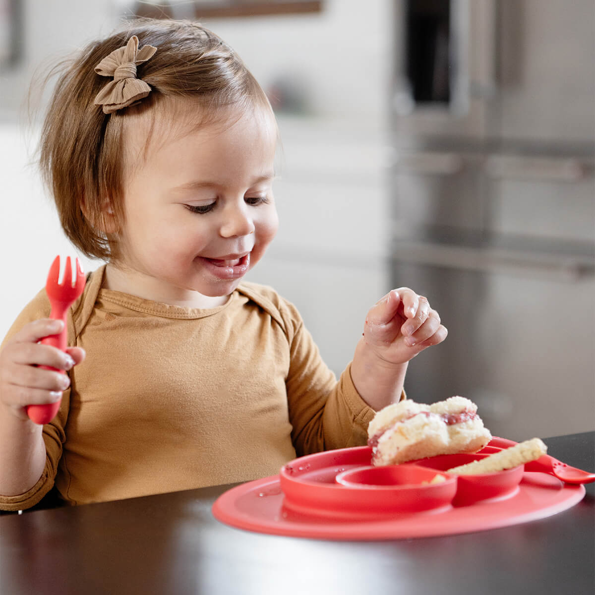 Mini Utensils in Coral Pink by ezpz / Sensory Silicone Fork & Spoon for Toddlers