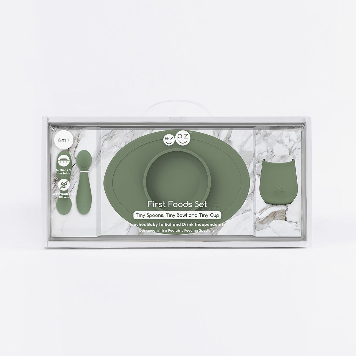 First Foods Set in Olive by ezpz / The Original All-In-One Silicone Plates & Placemats that Stick to the Table