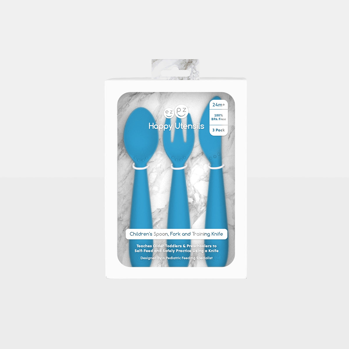 Happy Utensils in Blue by ezpz / Silicone Spoon, Fork and Knife Set for Kids