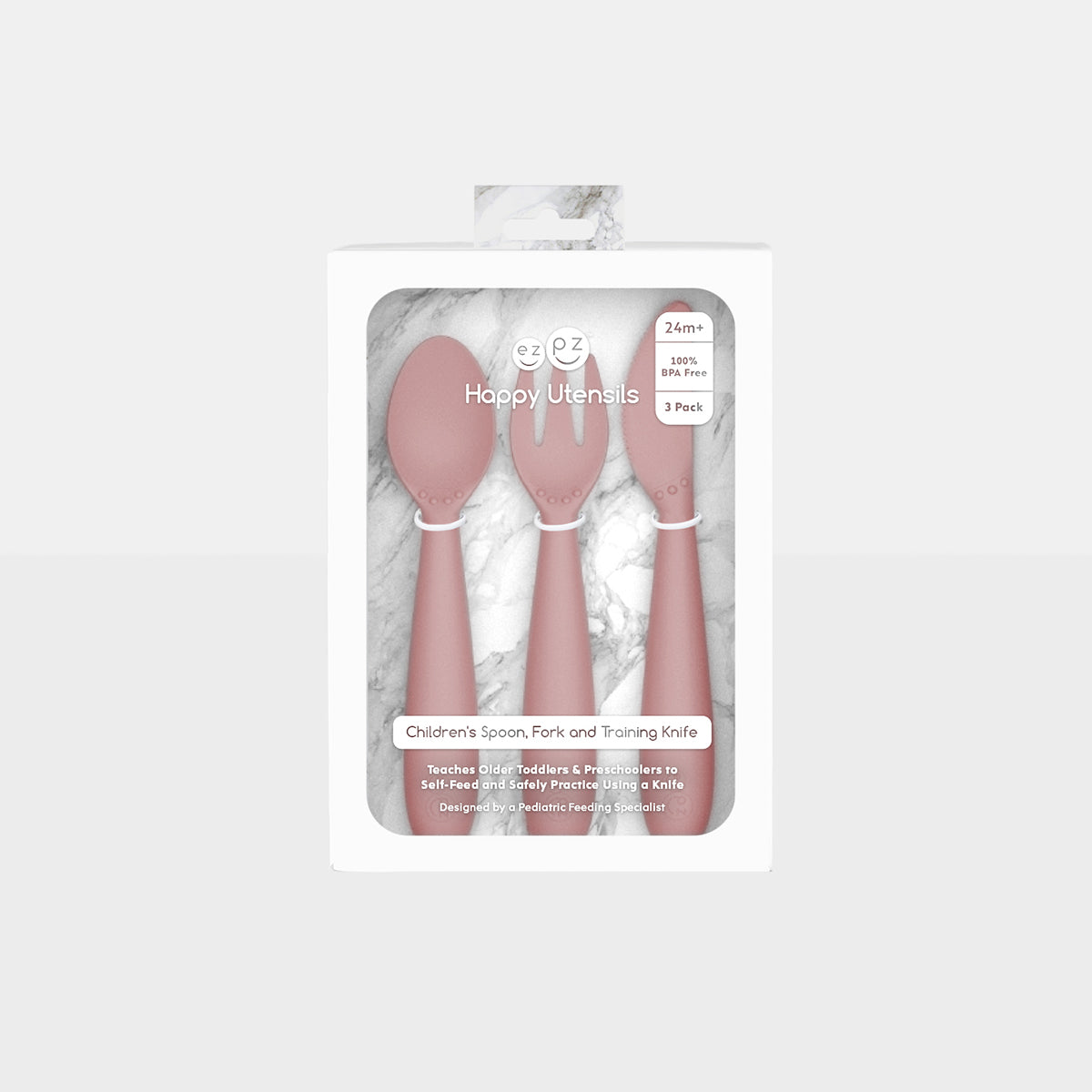 Happy Utensils in Blush by ezpz / Silicone Spoon, Fork and Knife Set for Kids