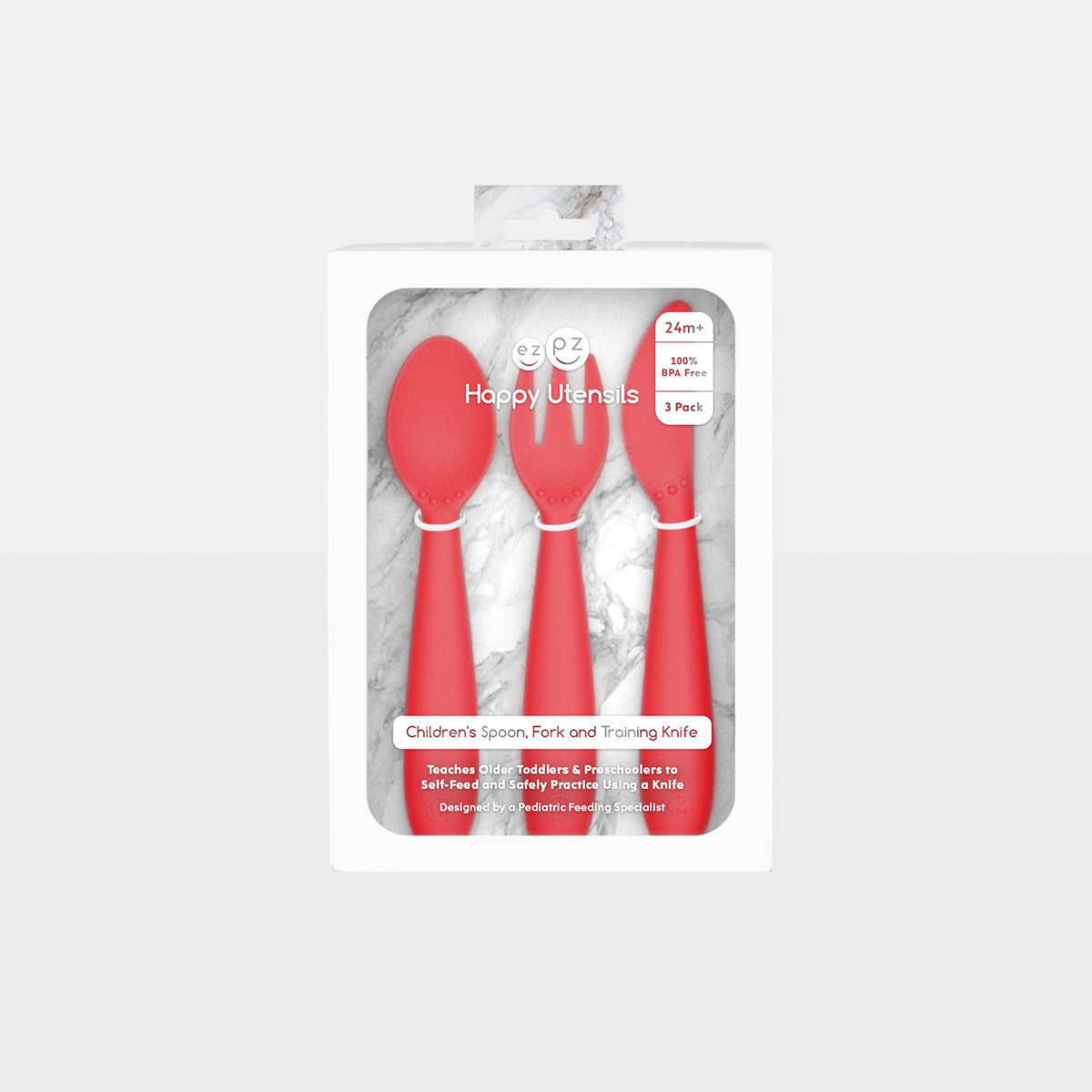 Happy Utensils in Coral by ezpz / Silicone Spoon, Fork and Knife Set for Kids