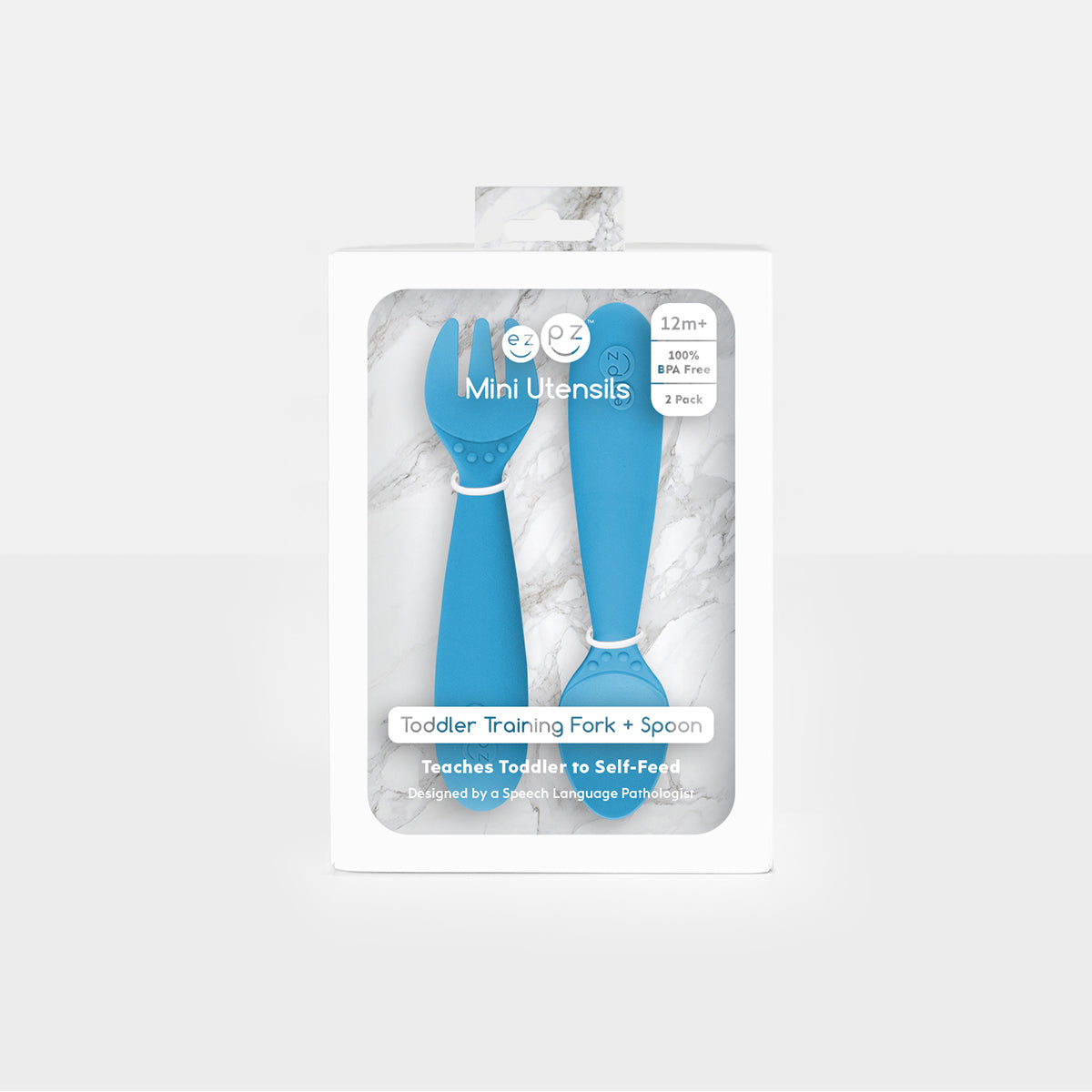 Mini Utensils in Blue by ezpz / Sensory Silicone Fork & Spoon for Toddlers