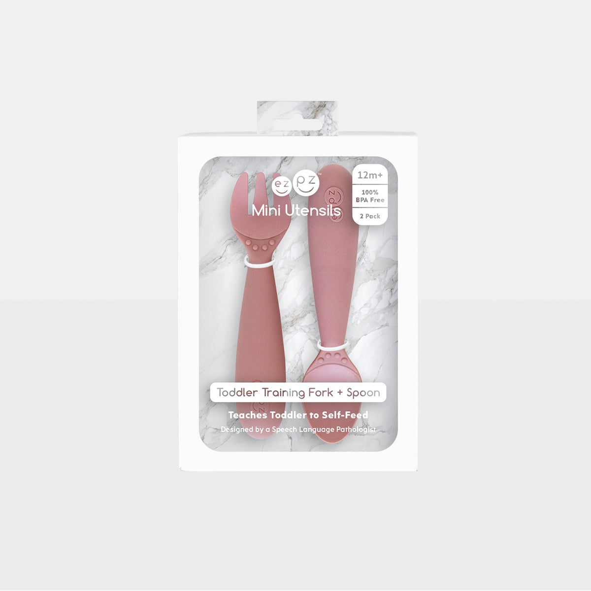 Mini Utensils in Blush Pink by ezpz / Sensory Silicone Fork & Spoon for Toddlers