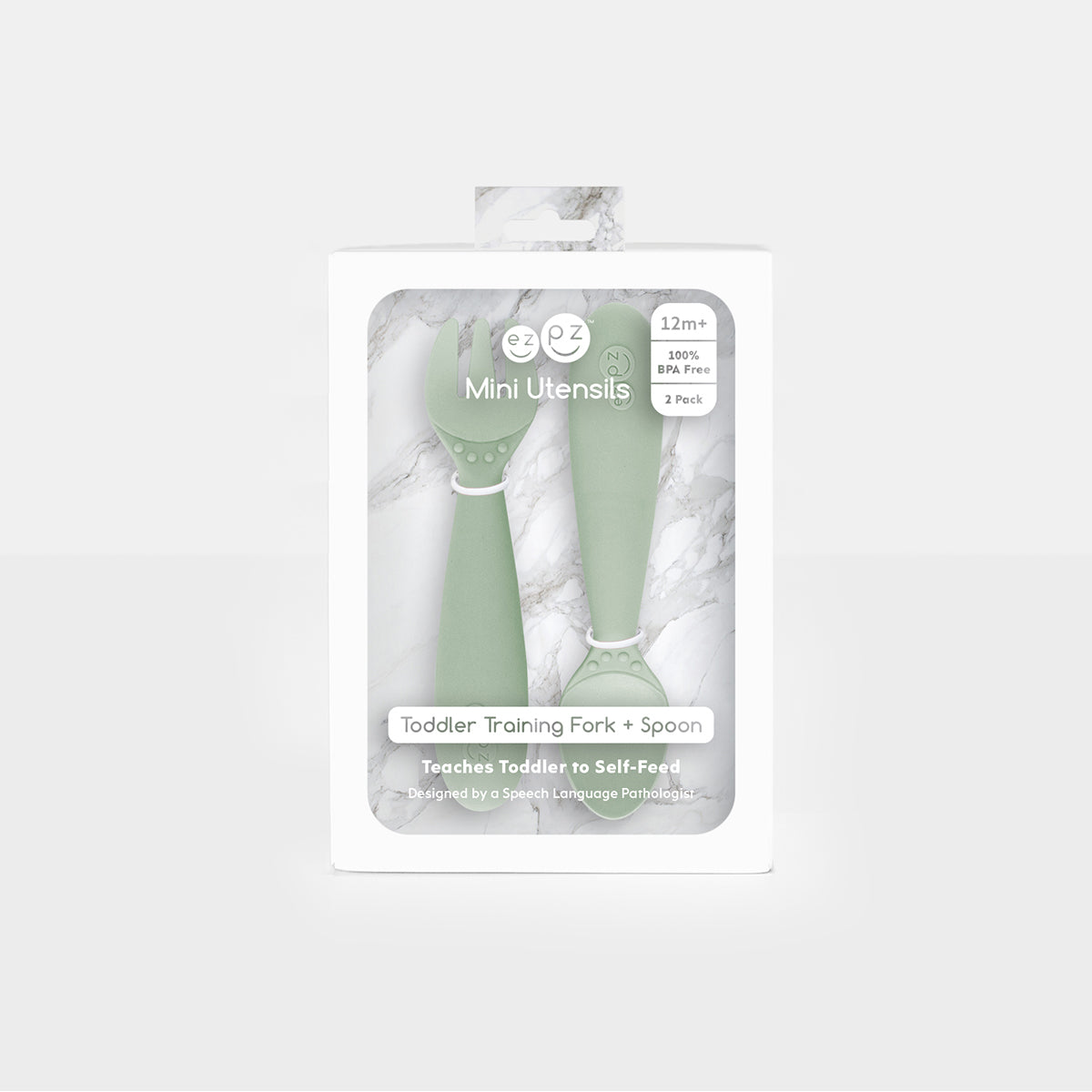 Mini Utensils in Sage Green by ezpz / Sensory Silicone Fork & Spoon for Toddlers
