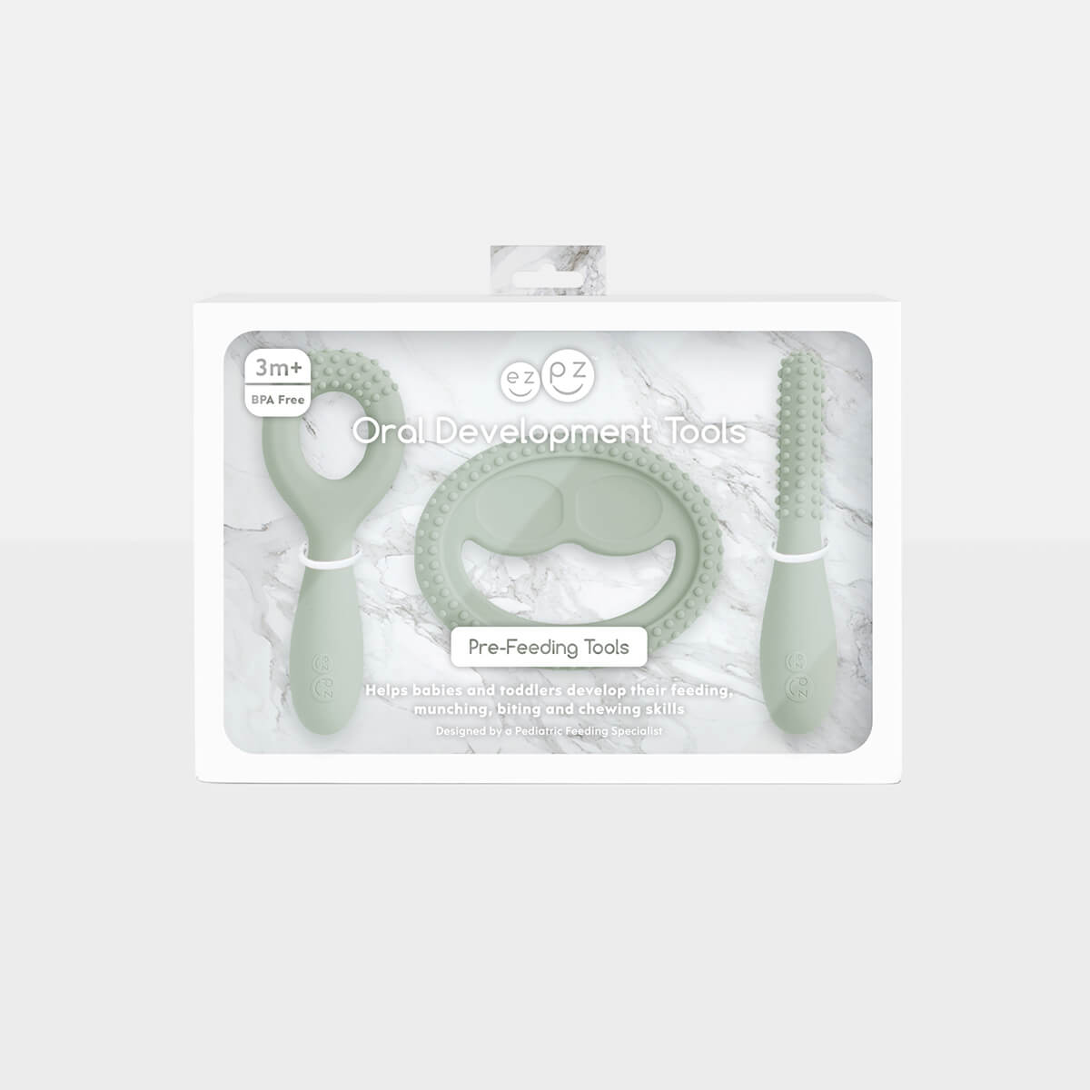 ezpz oral development tools in sage green / silicone teethers for motor skill development