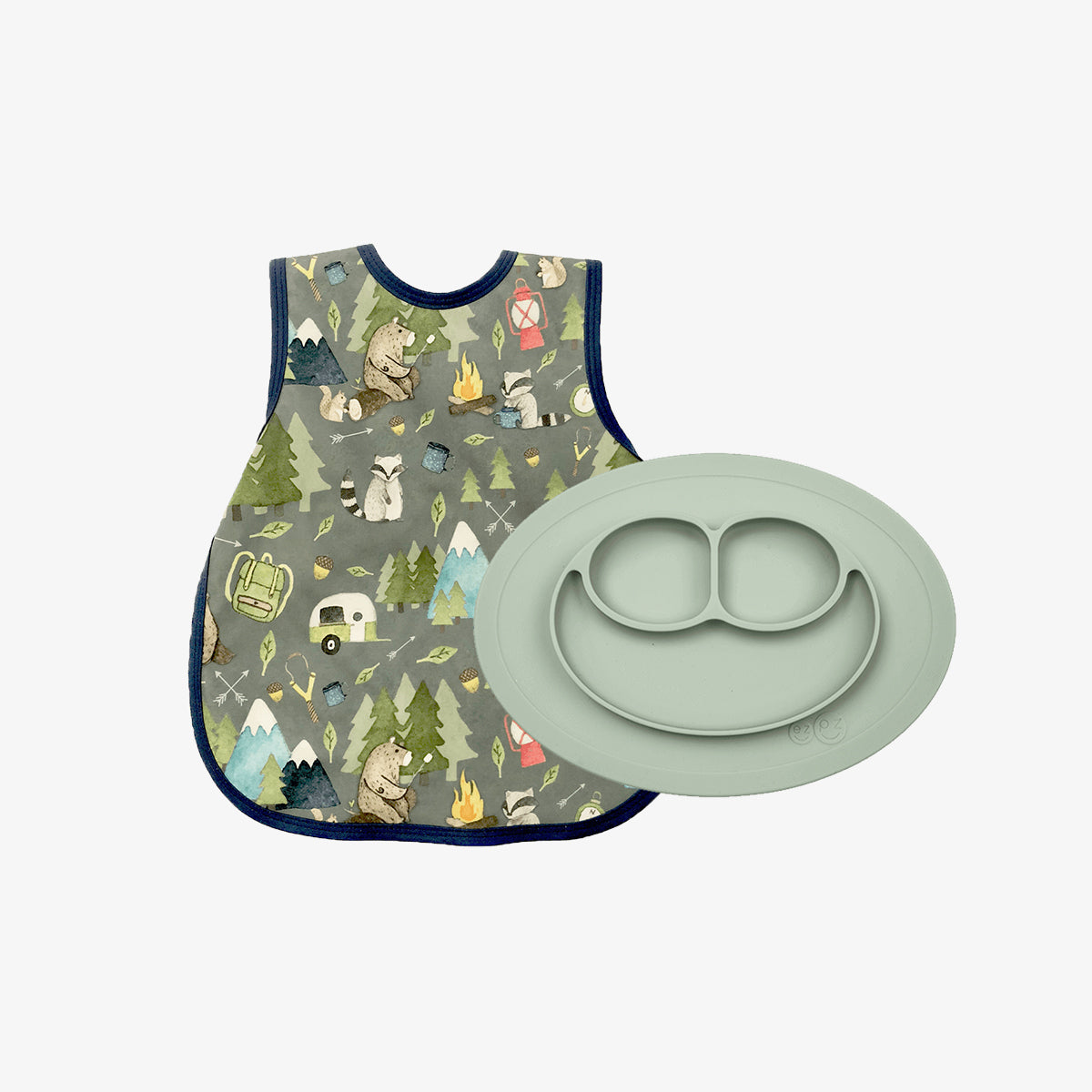 The Mini Mat + Bapron Bundle by ezpz / Sage + Camping Bears / Unique Baby Shower Gift Idea