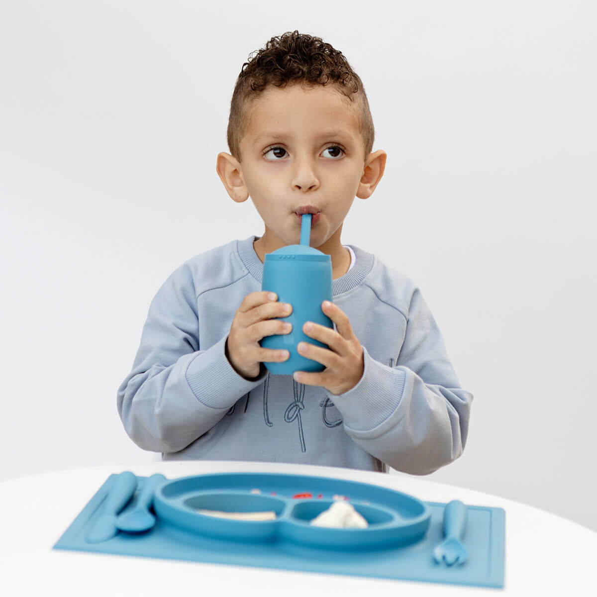 Happy Cup and Straw in Blue / Silicone Cup with Lid and Straw for Toddlers by ezpz