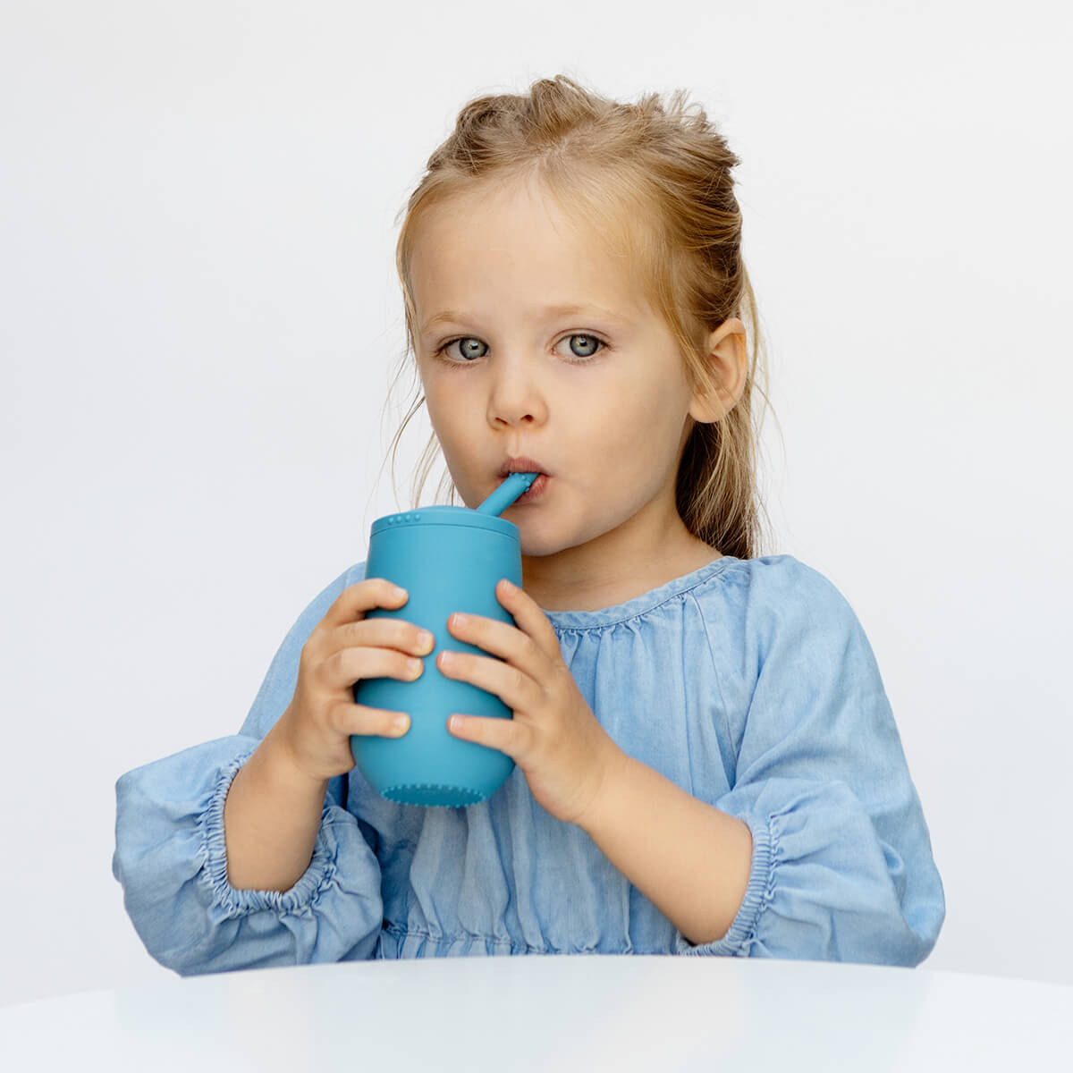 Happy Cup and Straw in Blue / Silicone Cup with Lid and Straw for Toddlers by ezpz
