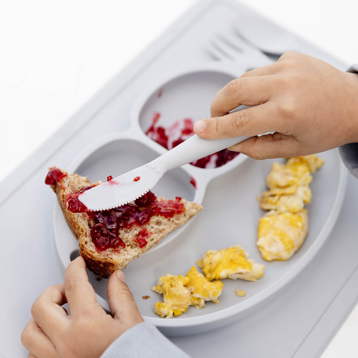 Happy Utensils in Pewter by ezpz / Silicone Spoon, Fork and Knife Set for Kids