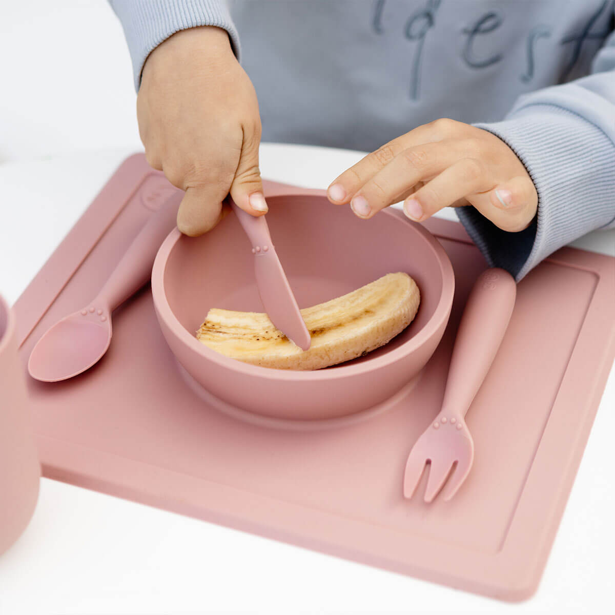 Happy Utensils in Blush by ezpz / Silicone Spoon, Fork and Knife Set for Kids
