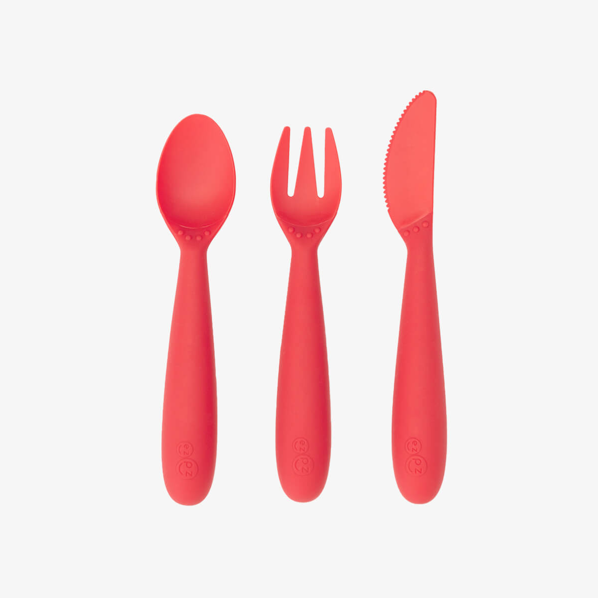 Happy Utensils in Coral by ezpz / Silicone Spoon, Fork and Knife Set for Kids