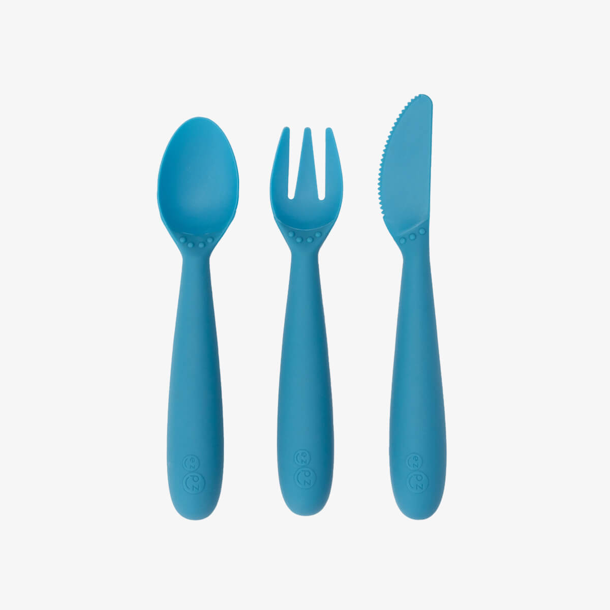 Happy Utensils in Blue by ezpz / Silicone Spoon, Fork and Knife Set for Kids
