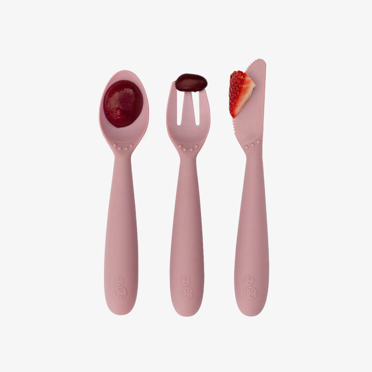 Happy Utensils in Blush by ezpz / Silicone Spoon, Fork and Knife Set for Kids