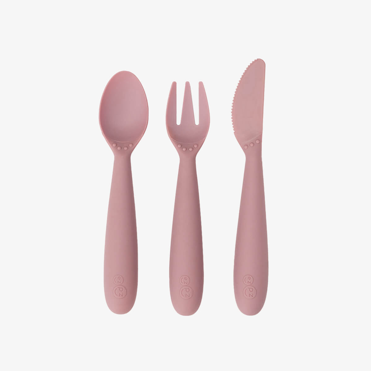 Happy Utensils in Blush by ezpz / Silicone Spoon, Fork and Knife Set for Kids