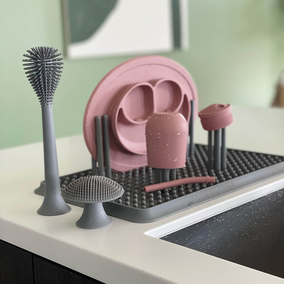 Cleaning Bundle in Gray by ezpz | Silicone Sponge, Bottle Brush & Drying Rack
