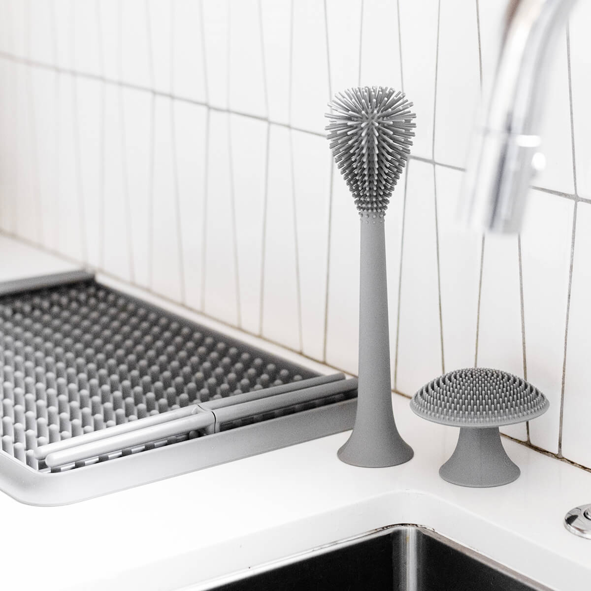Cleaning Bundle in Gray by ezpz | Silicone Sponge, Bottle Brush & Drying Rack