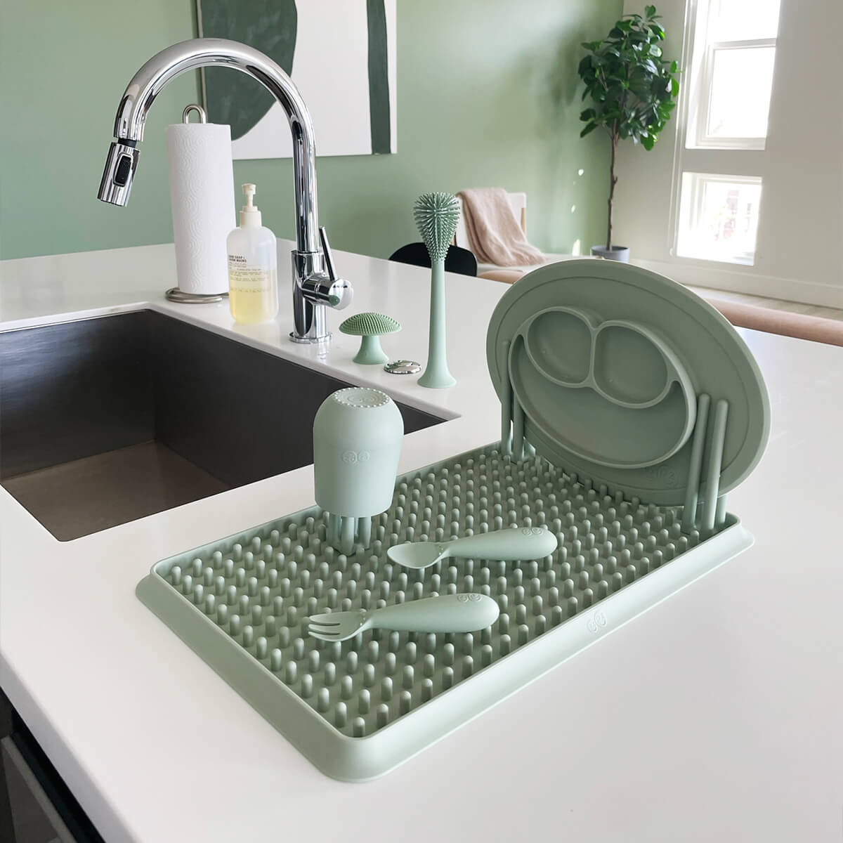 Cleaning Bundle in Sage by ezpz | Silicone Sponge, Bottle Brush & Drying Rack