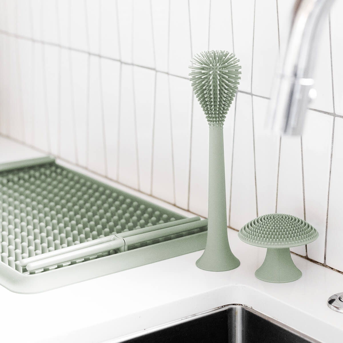 Cleaning Bundle in Sage by ezpz | Silicone Sponge, Bottle Brush & Drying Rack #color_sage