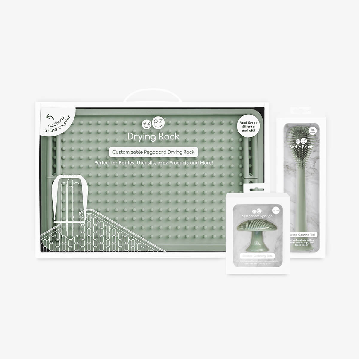 Cleaning Bundle in Sage by ezpz | Silicone Sponge, Bottle Brush & Drying Rack #color_sage