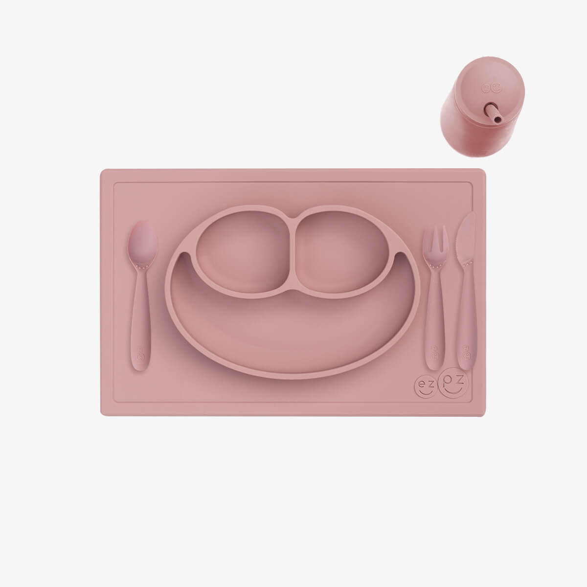 ezpz Happy Feeding Set in Blush / Silicone, Self-Suctioning Plate, Silicone Cup and Straw, Training Utensils for Toddlers