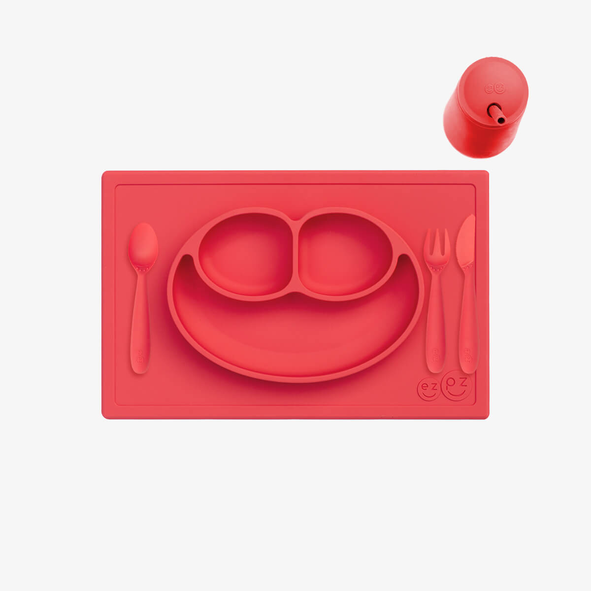 ezpz Happy Feeding Set in Coral / Silicone, Self-Suctioning Plate, Silicone Cup and Straw, Training Utensils for Toddlers