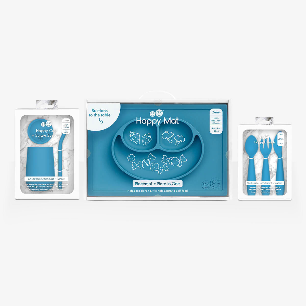ezpz Happy Feeding Set in Blue / Silicone, Self-Suctioning Plate, Silicone Cup and Straw, Training Utensils for Toddlers