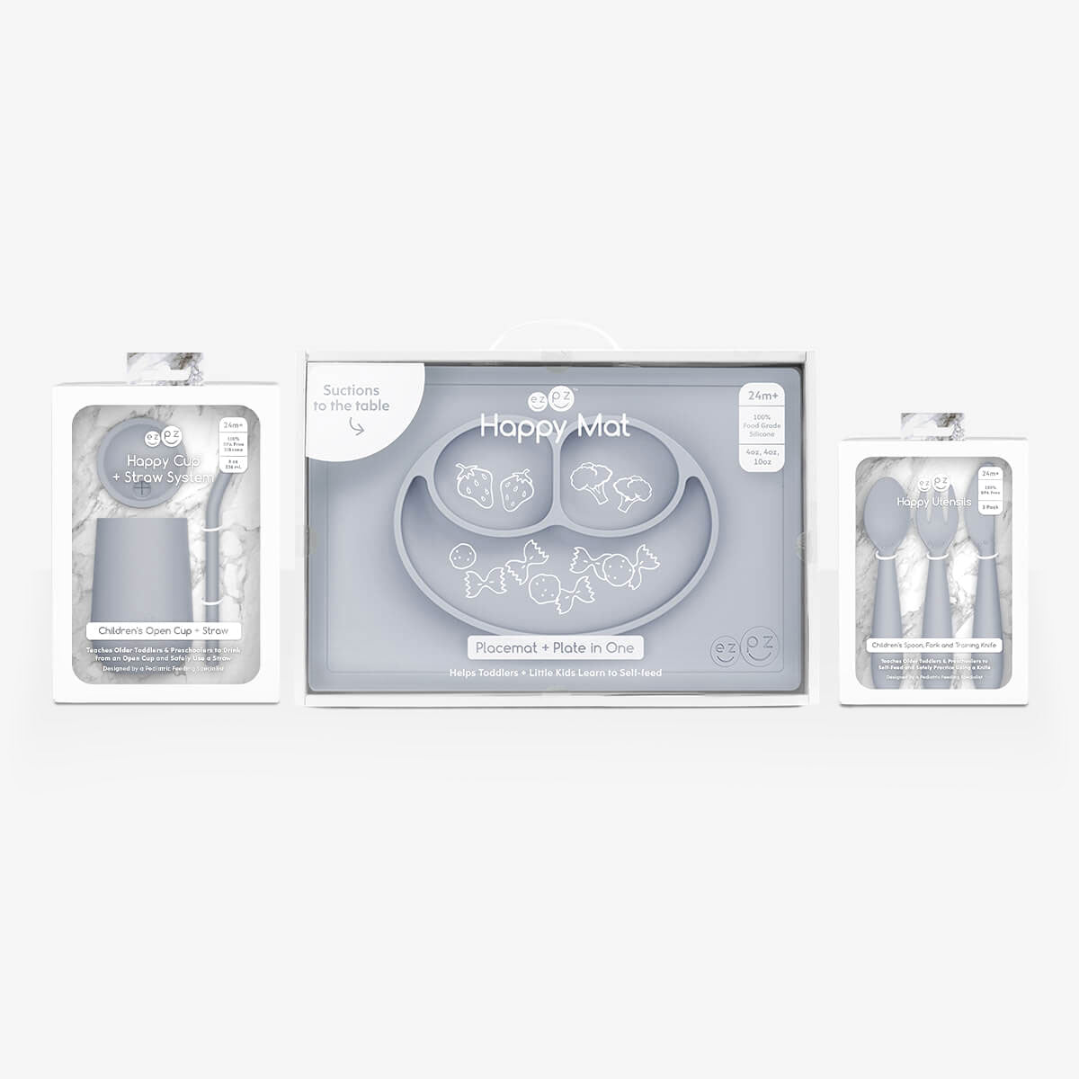 ezpz Happy Feeding Set in Pewter / Silicone, Self-Suctioning Plate, Silicone Cup and Straw, Training Utensils for Toddlers #color_pewter