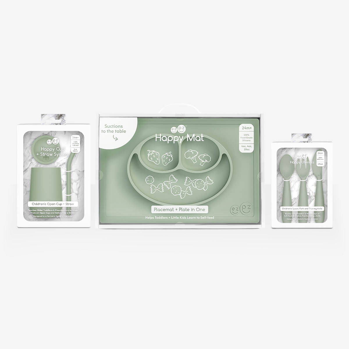 ezpz Happy Feeding Set in Sage / Silicone, Self-Suctioning Plate, Silicone Cup and Straw, Training Utensils for Toddlers