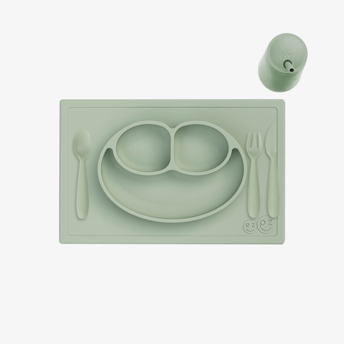 ezpz Happy Feeding Set in Sage / Silicone, Self-Suctioning Plate, Silicone Cup and Straw, Training Utensils for Toddlers