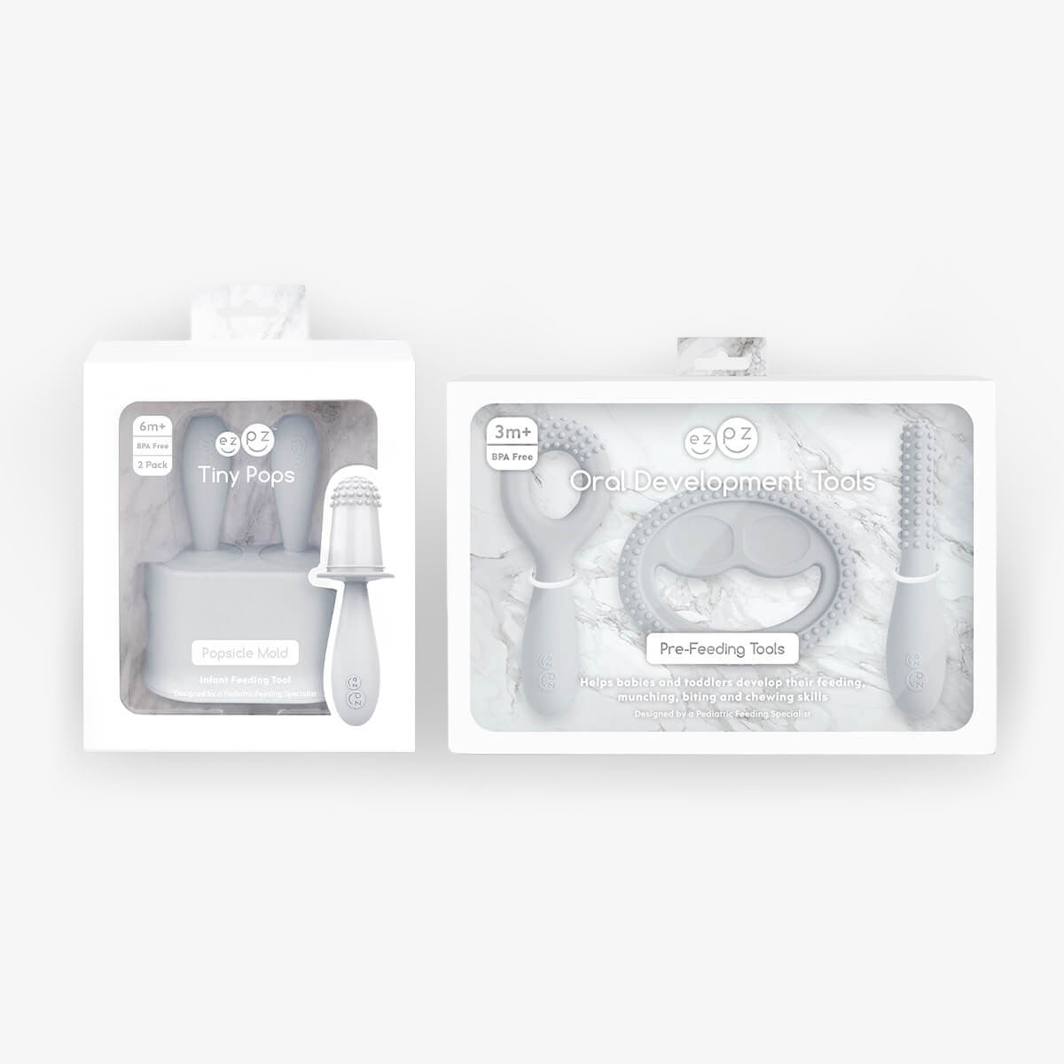 Pre-feeding set by ezpz in pewter light gray includes the tiny pops and oral development tools (silicone teethers)