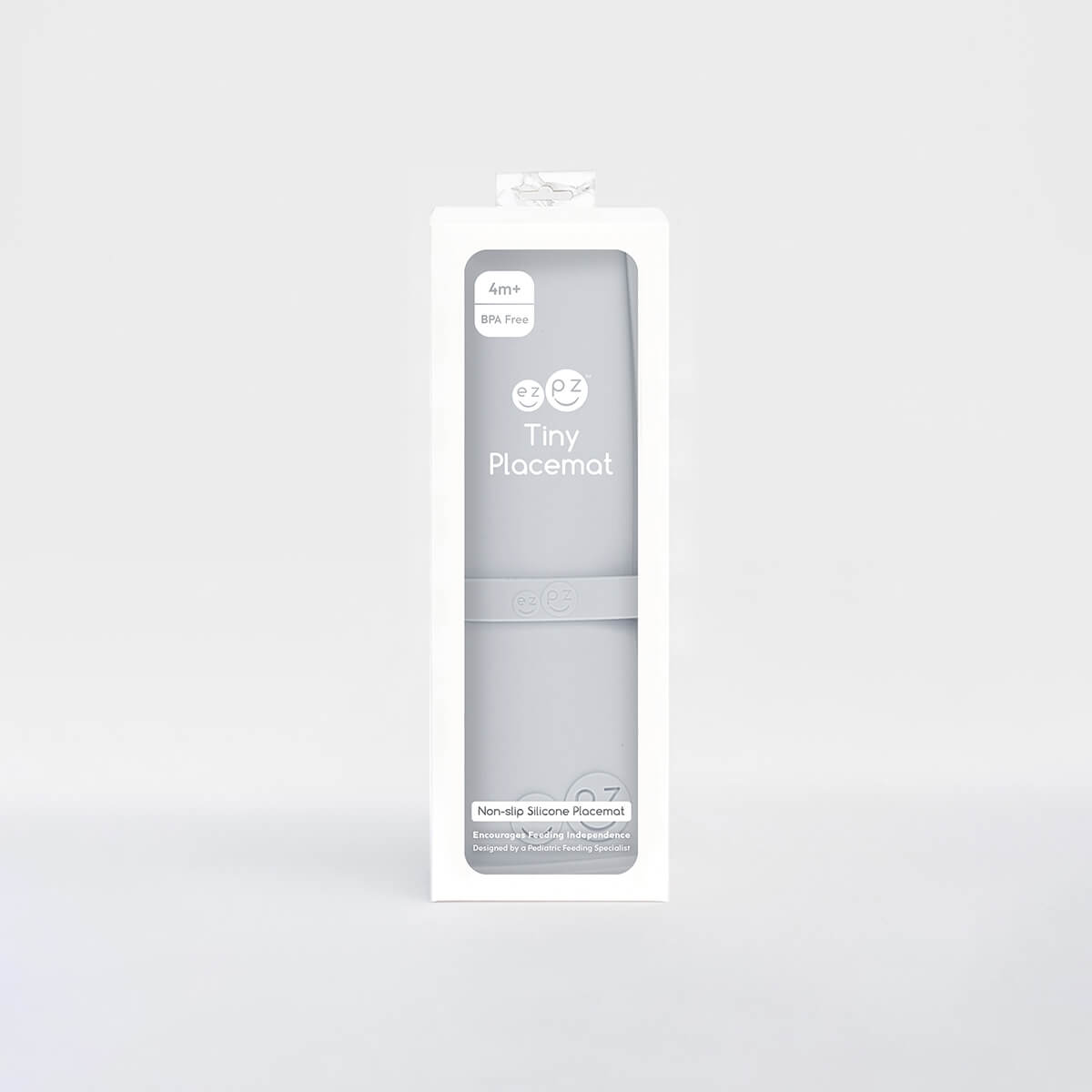 The Tiny Placemat in Pewter is a non-slip, silicone placemat that fits on most highchair trays