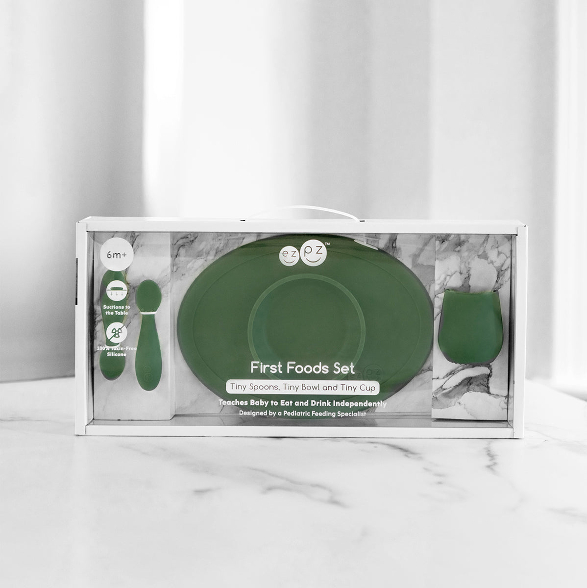 First Foods Set in Olive by ezpz / The Original All-In-One Silicone Plates & Placemats that Stick to the Table