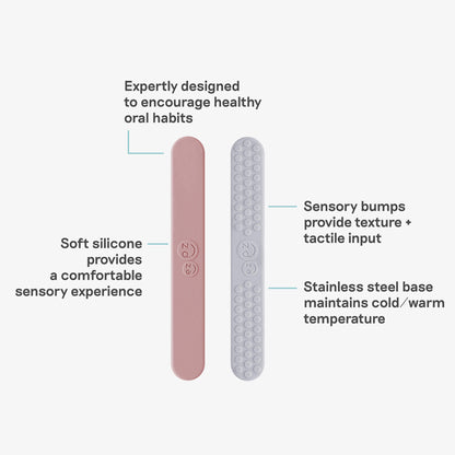 ezpz sensory tongue depressor in blush pink and pewter gray / silicone tongue depressor for babies 